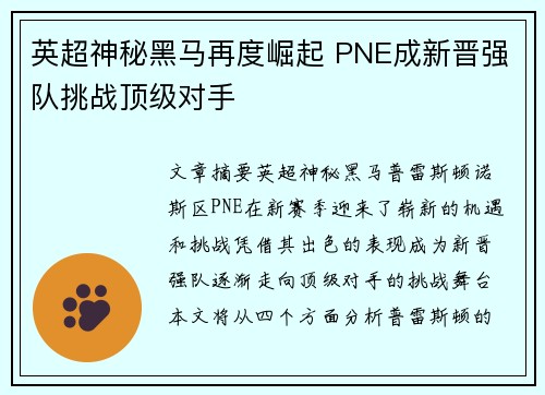 英超神秘黑马再度崛起 PNE成新晋强队挑战顶级对手